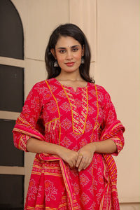 Rani Pink Bandhani Print Cotton Kurta Set with Dupatta