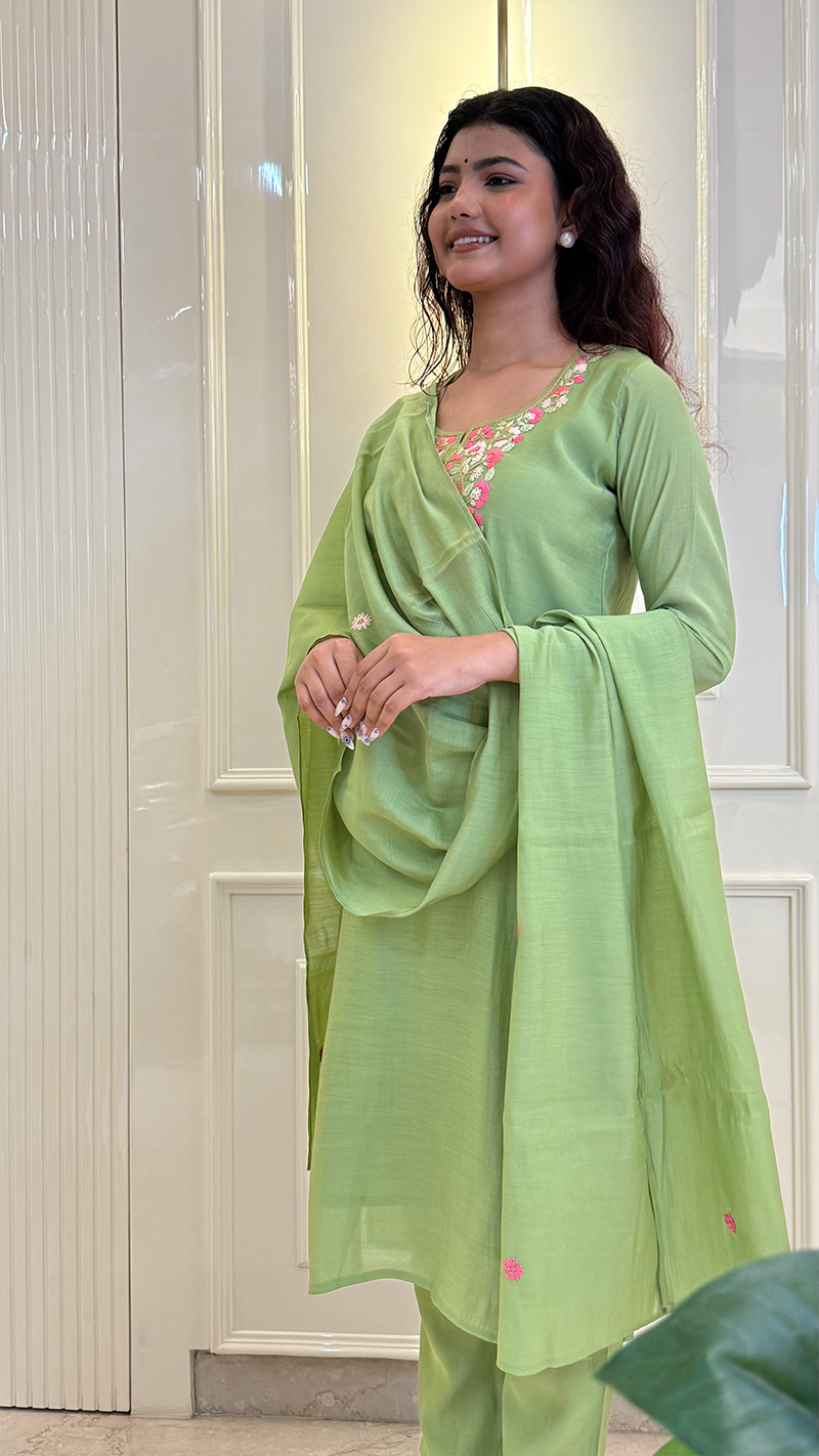 Green Knot Work Dupatta Set