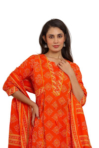Orange Bandhani Print Cotton Kurta Set with Dupatta