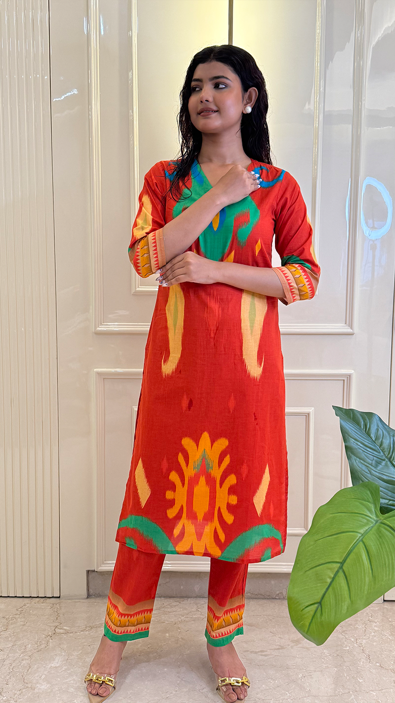 Red Ikkat Kurti Pant Set