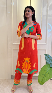 Red Ikkat Kurti Pant Set