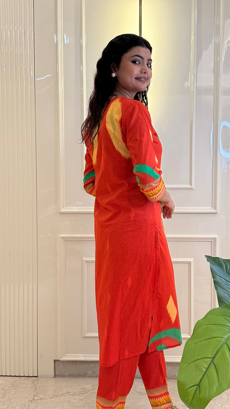 Red Ikkat Kurti Pant Set
