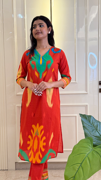 Red Ikkat Kurti Pant Set