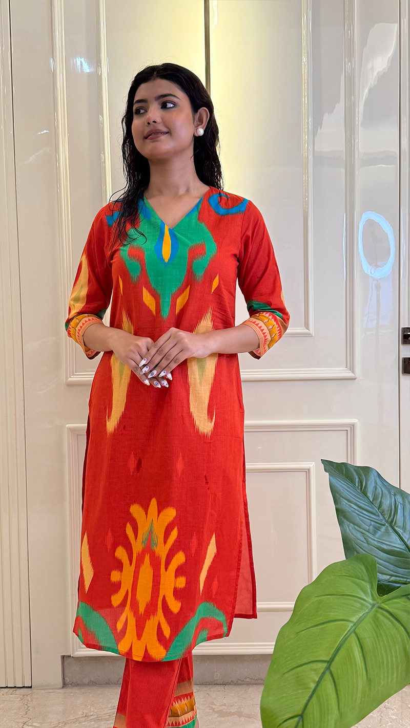 Red Ikkat Kurti Pant Set