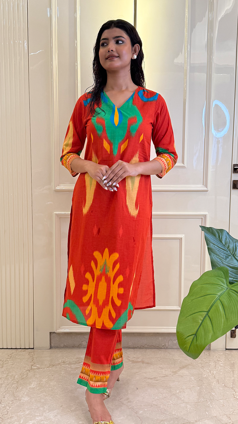 Red Ikkat Kurti Pant Set