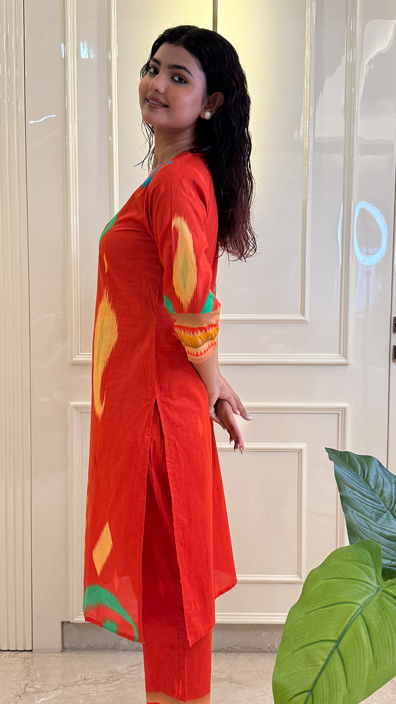 Red Ikkat Kurti Pant Set