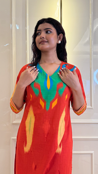 Red Ikkat Kurti Pant Set