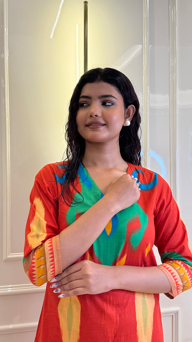 Red Ikkat Kurti Pant Set