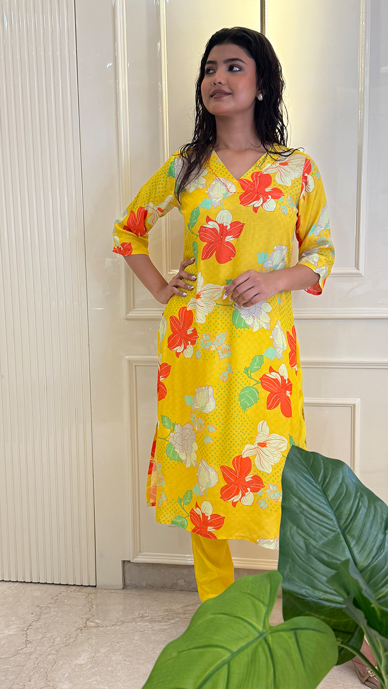 Yellow Muslin Flower Kurti