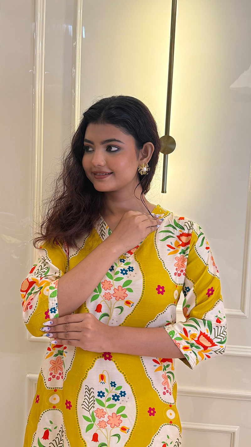 Yellow Muslin Flower Kurti