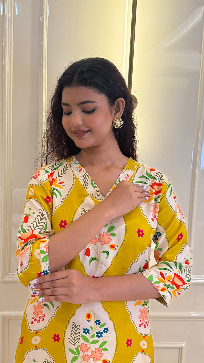 Yellow Muslin Flower Kurti