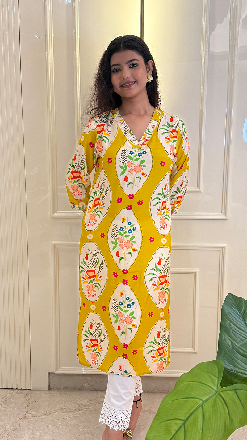Yellow Muslin Flower Kurti