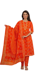 Orange Bandhani Print Cotton Kurta Set with Dupatta