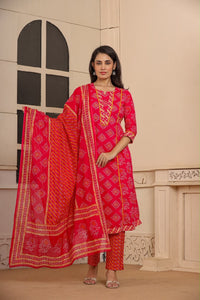 Rani Pink Bandhani Print Cotton Kurta Set with Dupatta
