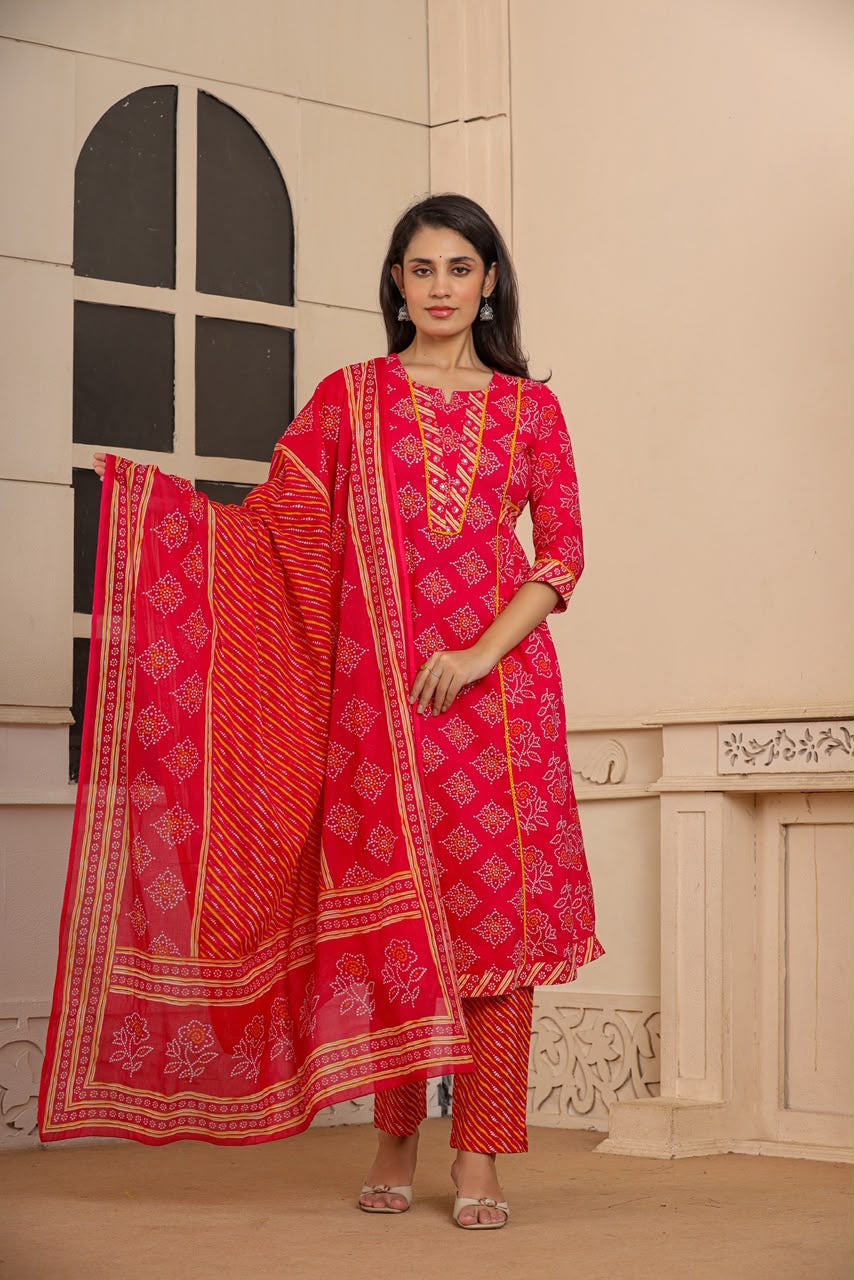 Rani Pink Bandhani Print Cotton Kurta Set with Dupatta