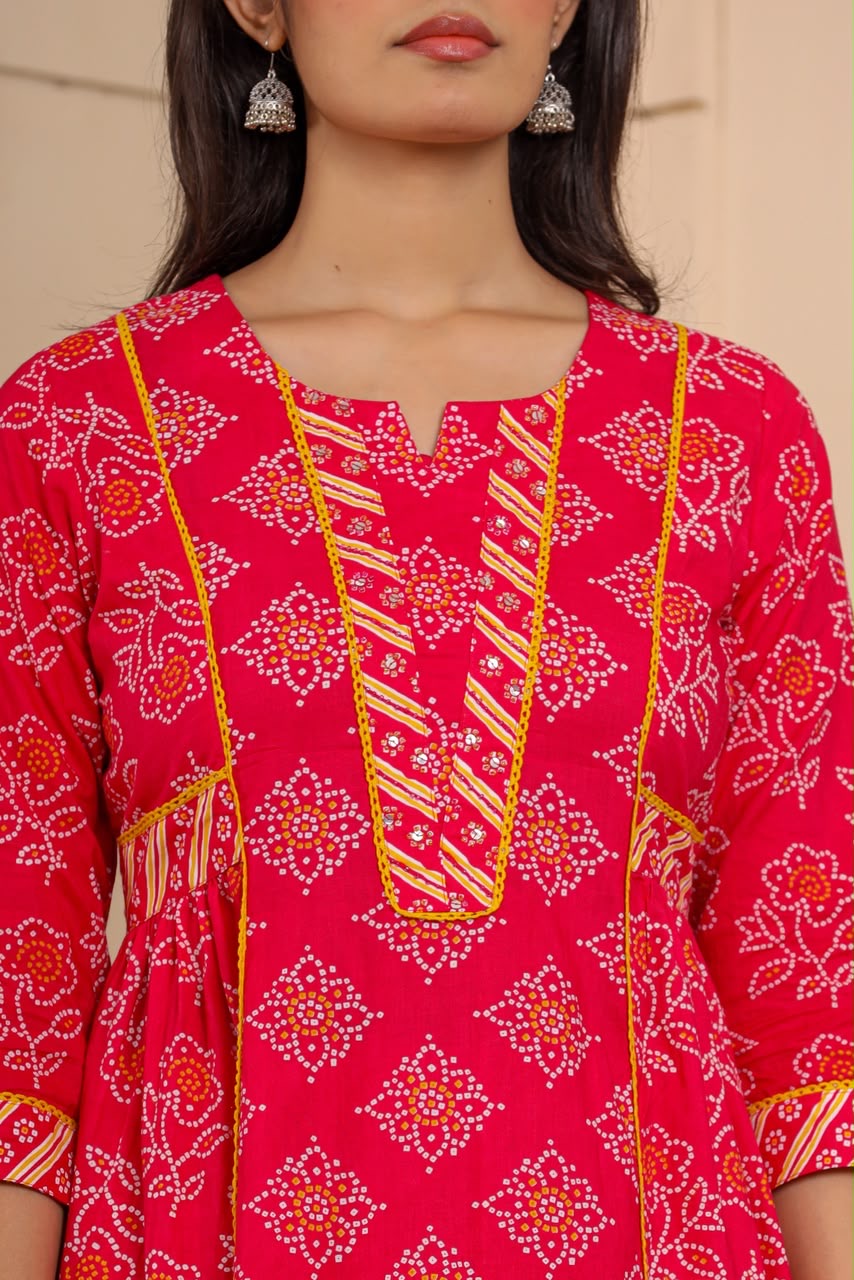 Rani Pink Bandhani Print Cotton Kurta Set with Dupatta