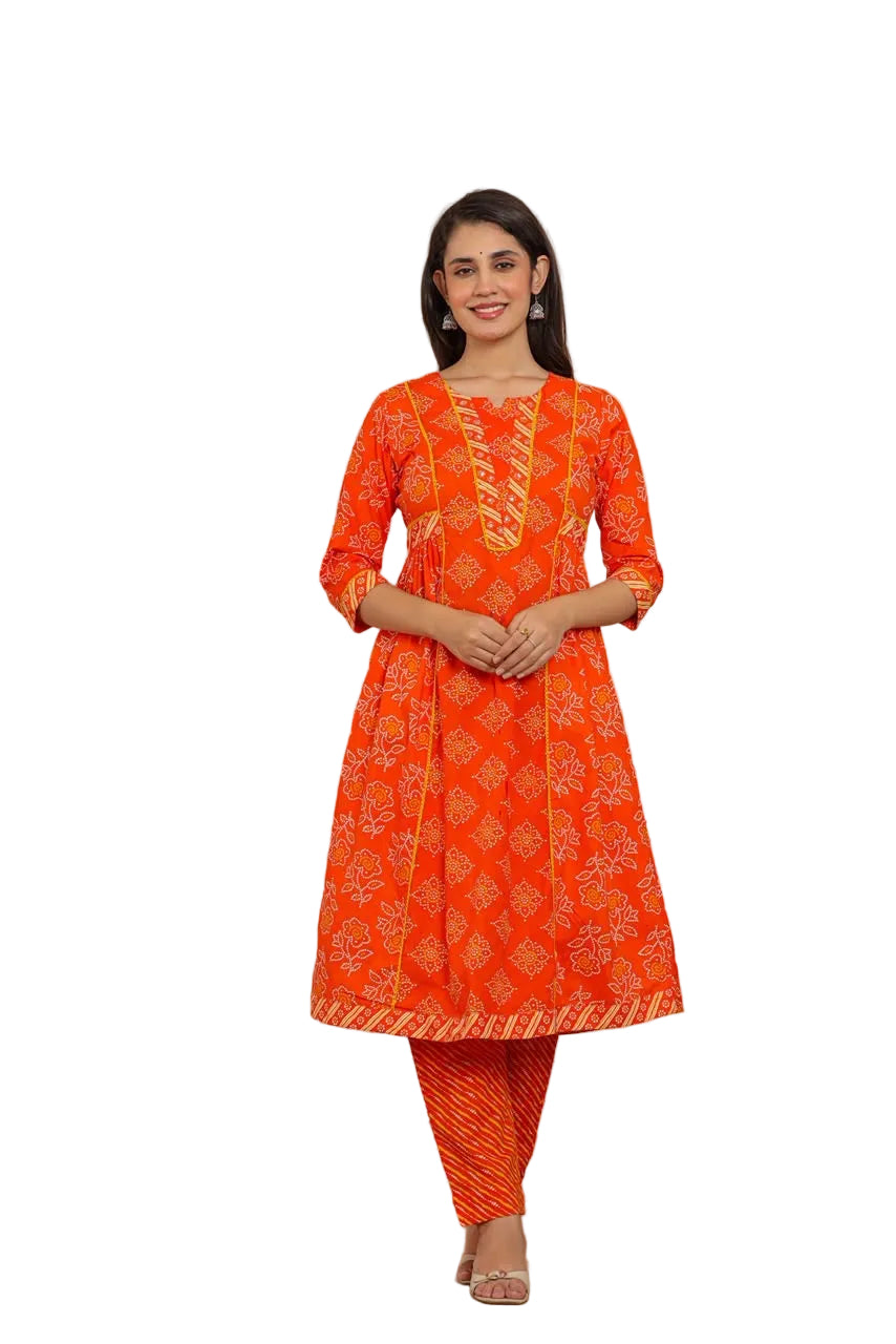 Orange Bandhani Print Cotton Kurta Set with Dupatta