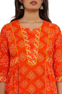 Orange Bandhani Print Cotton Kurta Set with Dupatta
