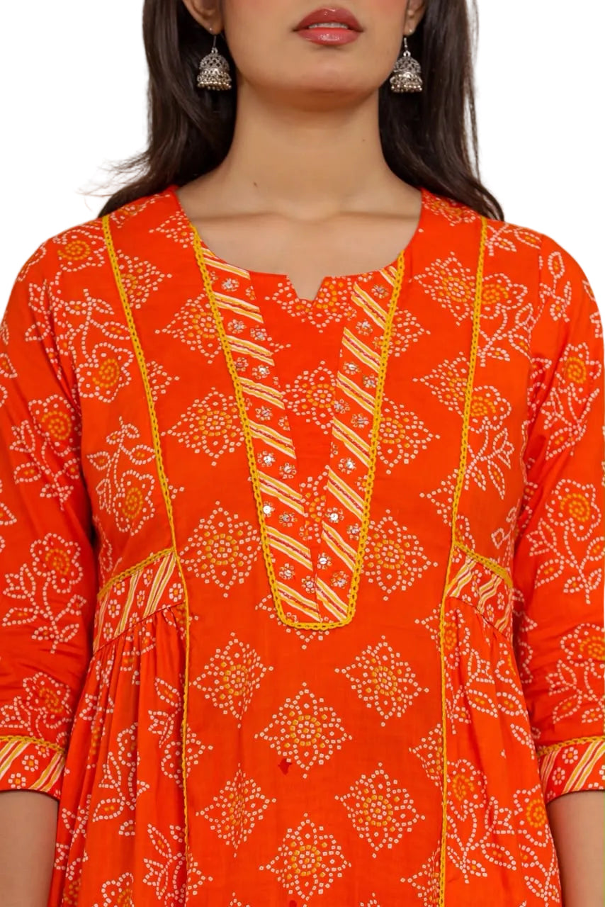 Orange Bandhani Print Cotton Kurta Set with Dupatta