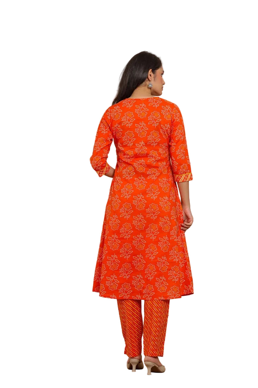 Orange Bandhani Print Cotton Kurta Set with Dupatta