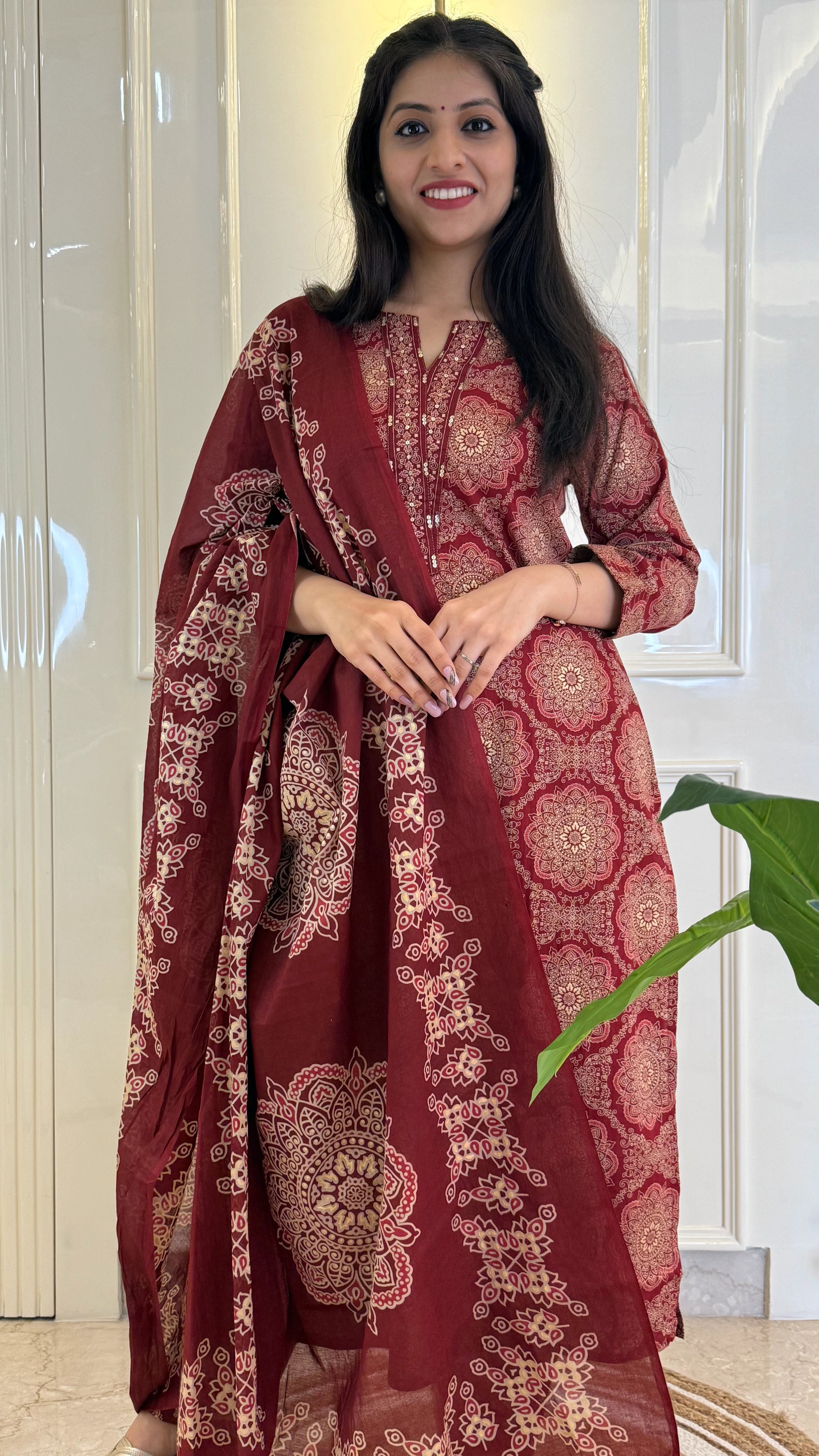 Illussion Print Red Dupatta Set