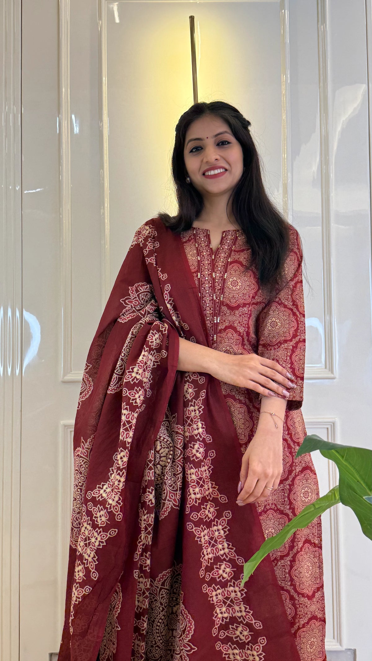 Illussion Print Red Dupatta Set