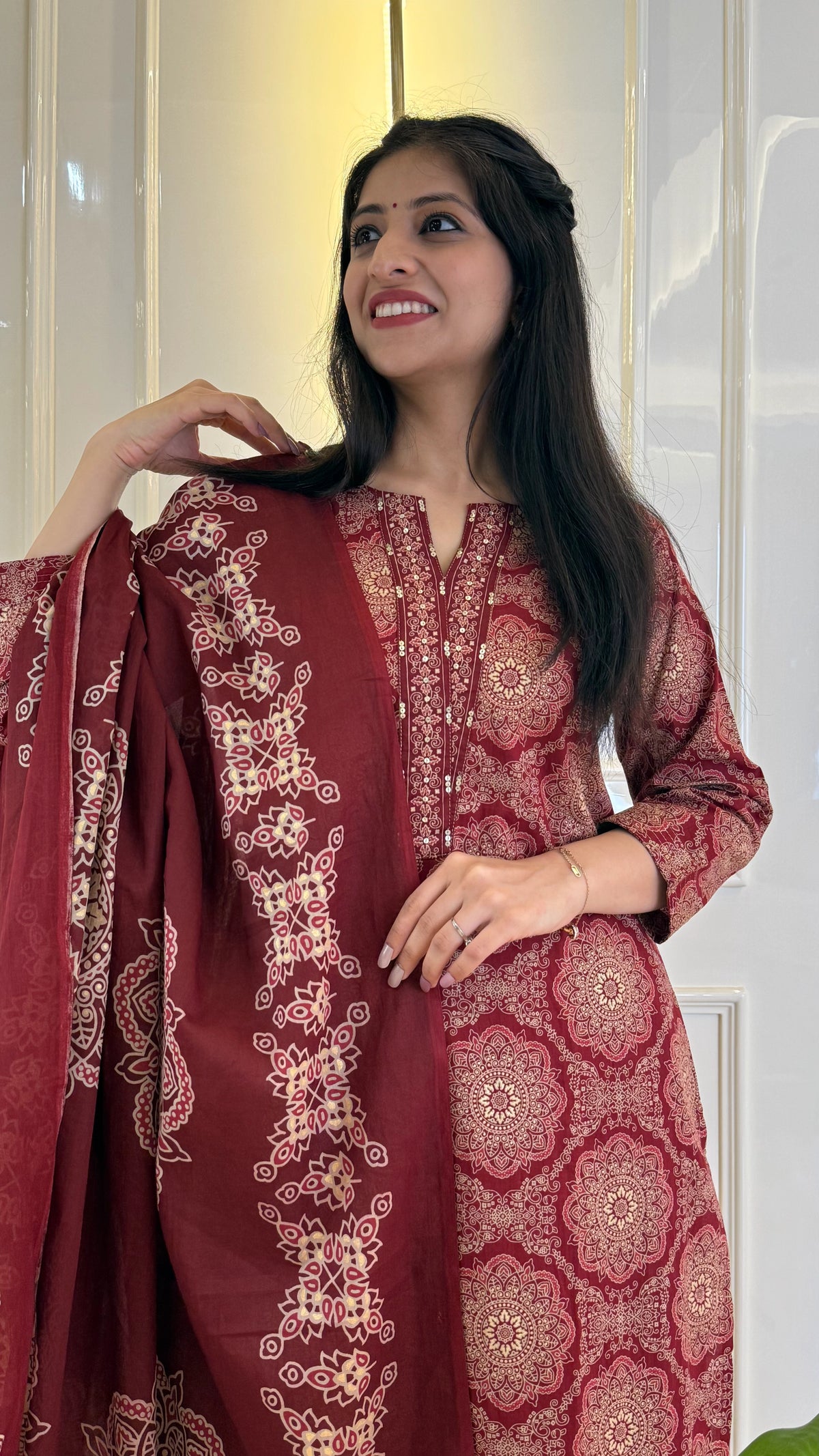 Illussion Print Red Dupatta Set