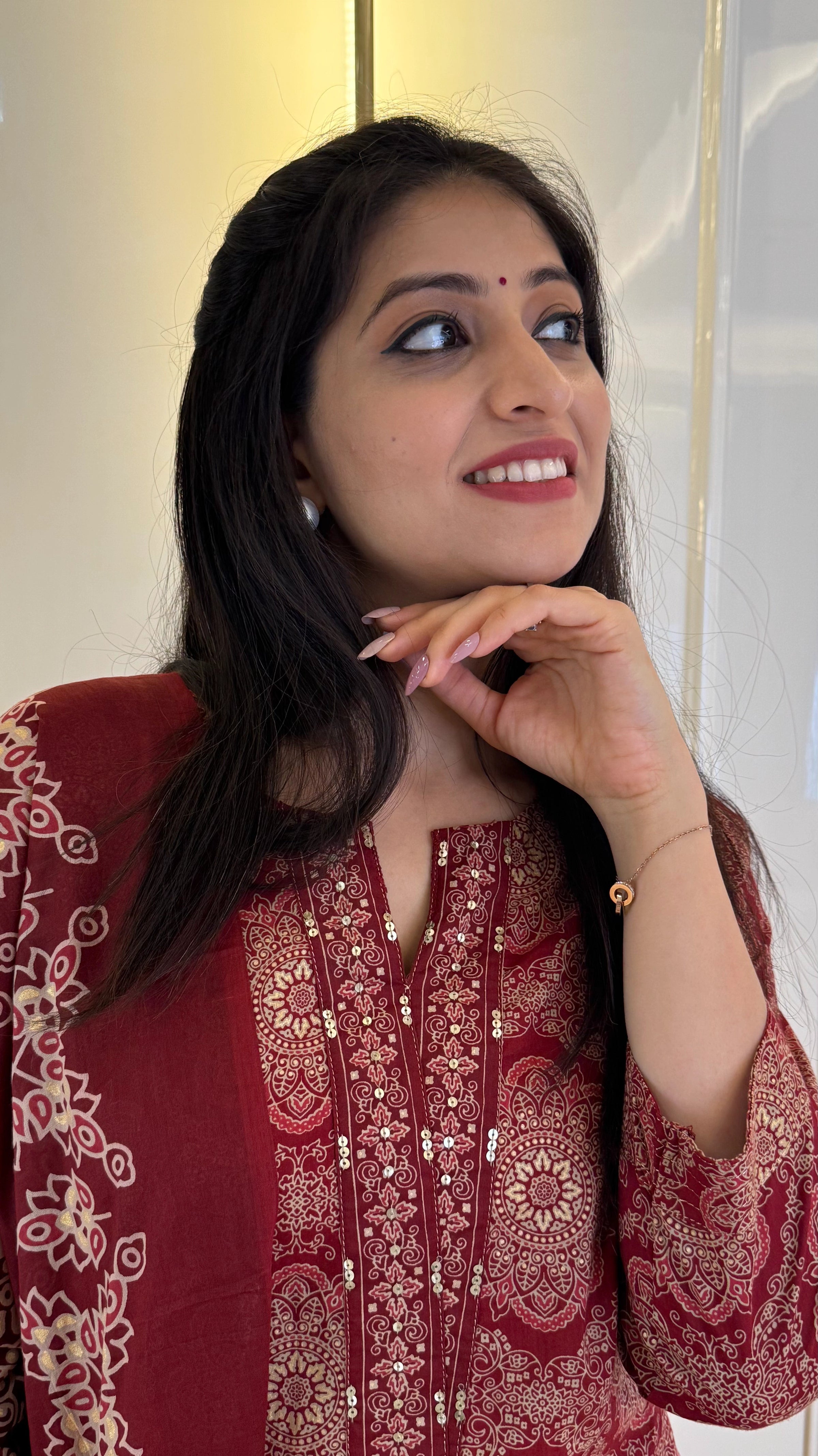 Illussion Print Red Dupatta Set