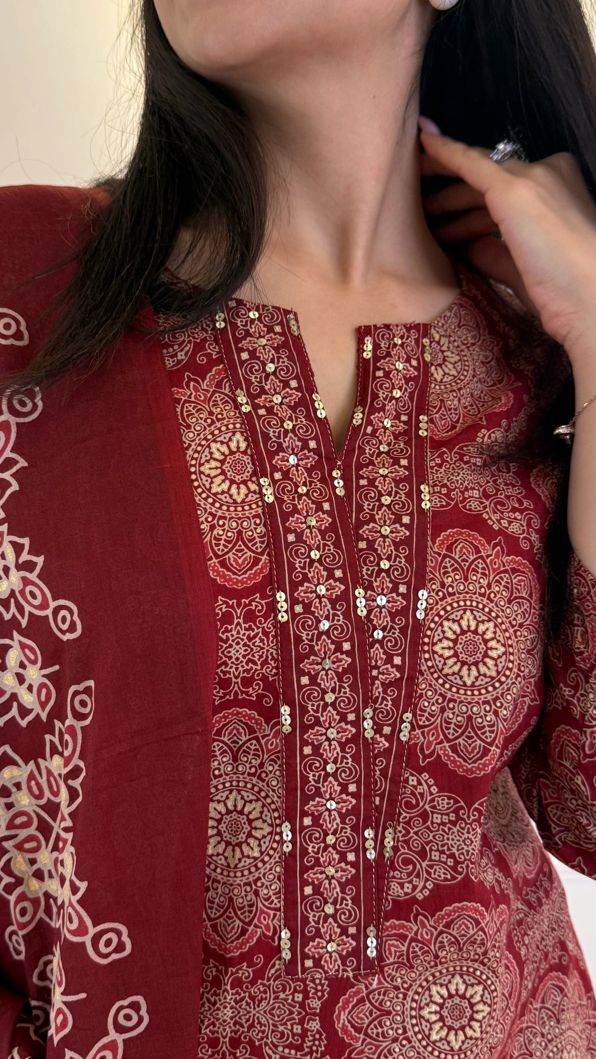 Illussion Print Red Dupatta Set