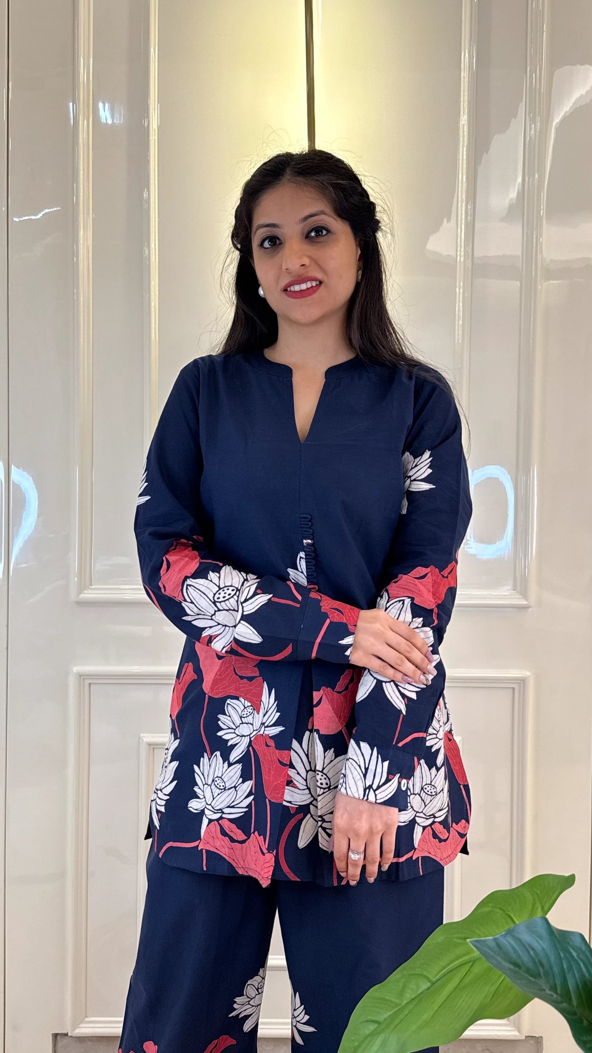 Blue Cords With Leaf Print