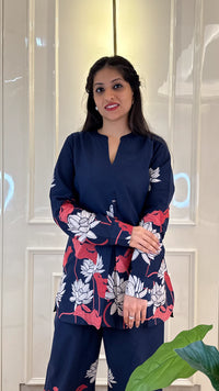 Blue Cords With Leaf Print