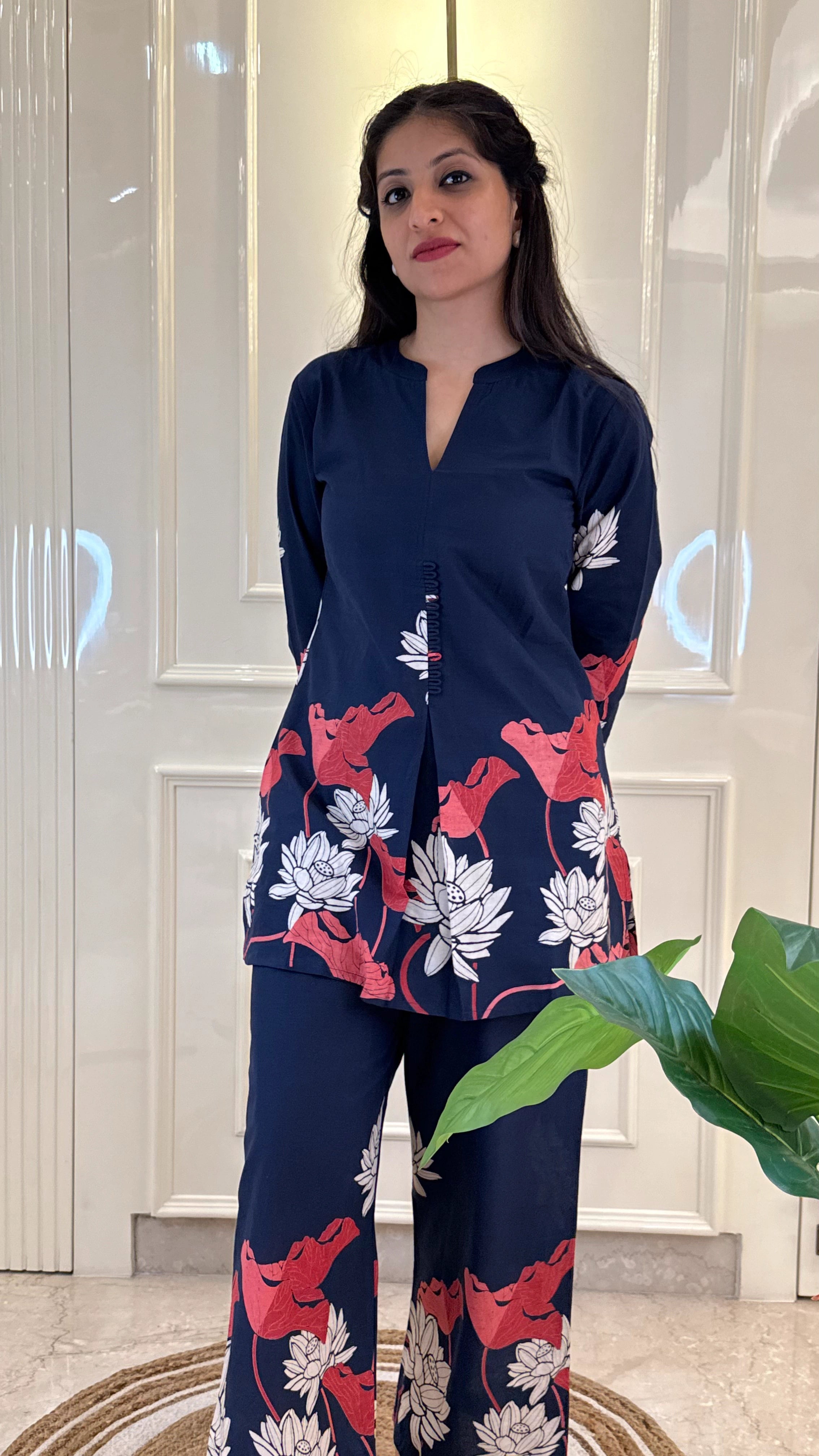 Blue Cords With Leaf Print