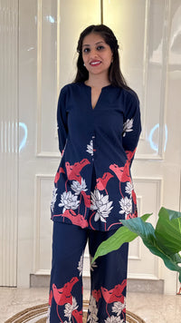 Blue Cords With Leaf Print