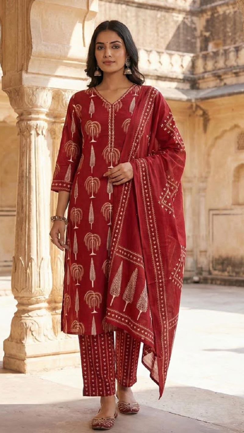 V Neck Red Dupatta Set