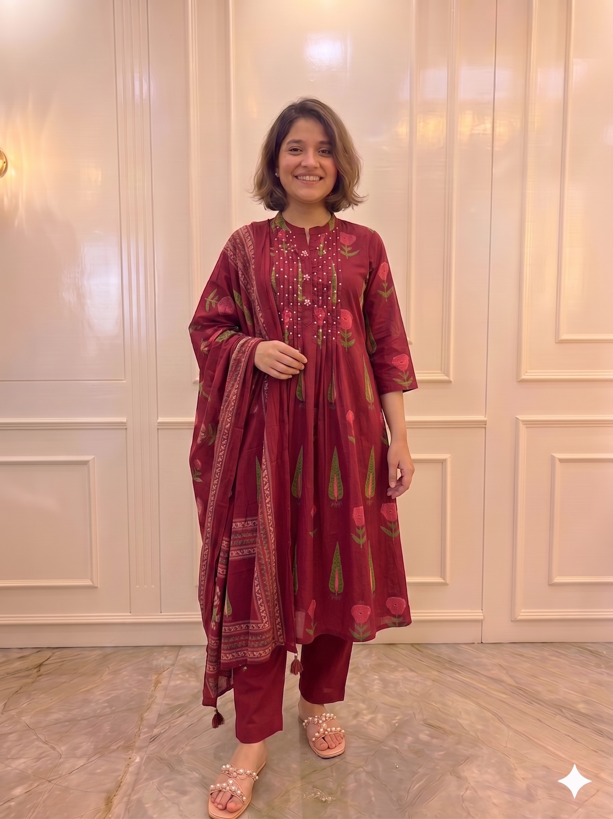 "A smiling woman in a deep crimson red Anarkali suit set with pearl-embellished pintuck detailing on the chest. The outfit features green leaf and pink floral prints, paired with a matching floral dupatta and straight pants, set against a classic white paneled wall background."