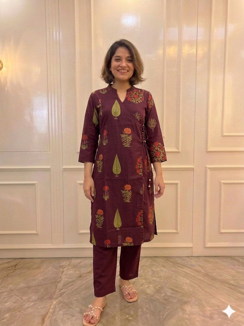 "Woman in a maroon hand-block printed Angrakha kurta and pant set. This ethnic cotton co-ord set features a traditional wrap-around silhouette with floral prints, perfect for festive or office wear."