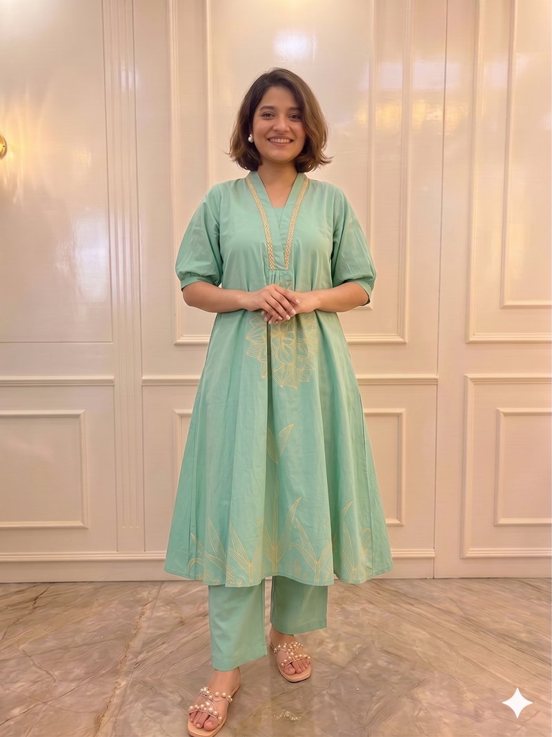 "Mint green A-line co-ord set with gold floral embroidery for women, SFHKOLKATA collection."